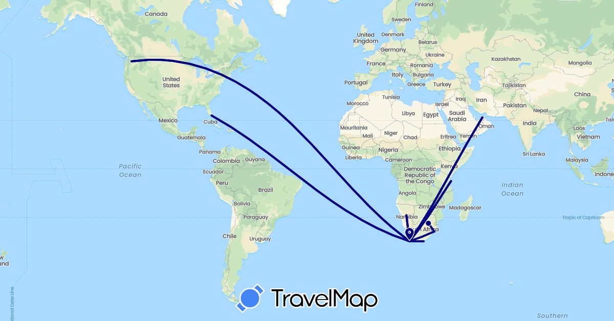 TravelMap itinerary: driving in United Arab Emirates, Namibia, Tanzania, United States, South Africa, Zimbabwe (Africa, Asia, North America)