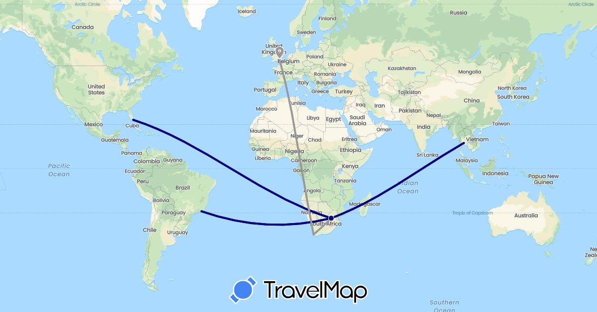 TravelMap itinerary: driving, plane in Brazil, United Kingdom, Thailand, United States, South Africa (Africa, Asia, Europe, North America, South America)